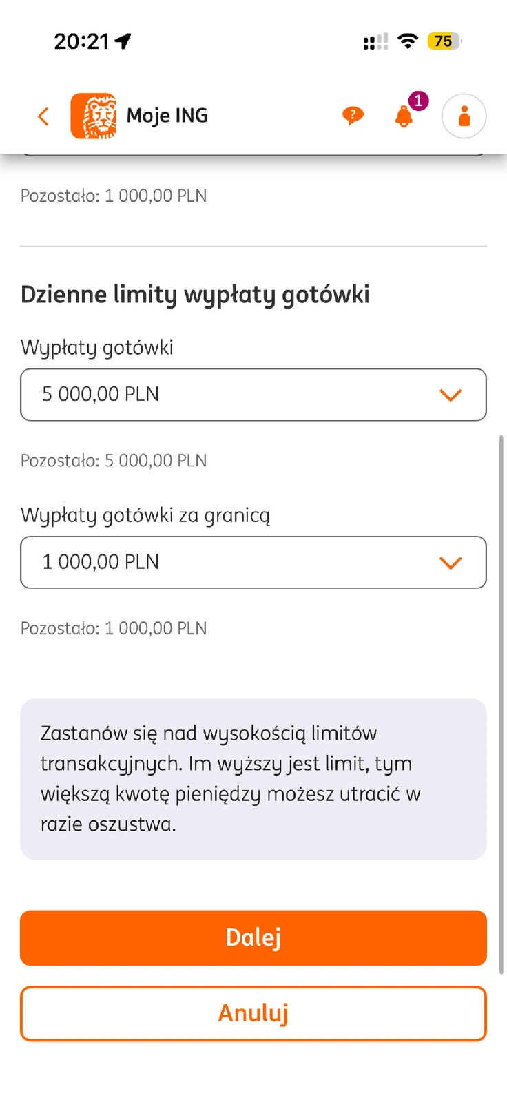 Limit wypłat gotówki kartą ING w kraju i za granicą