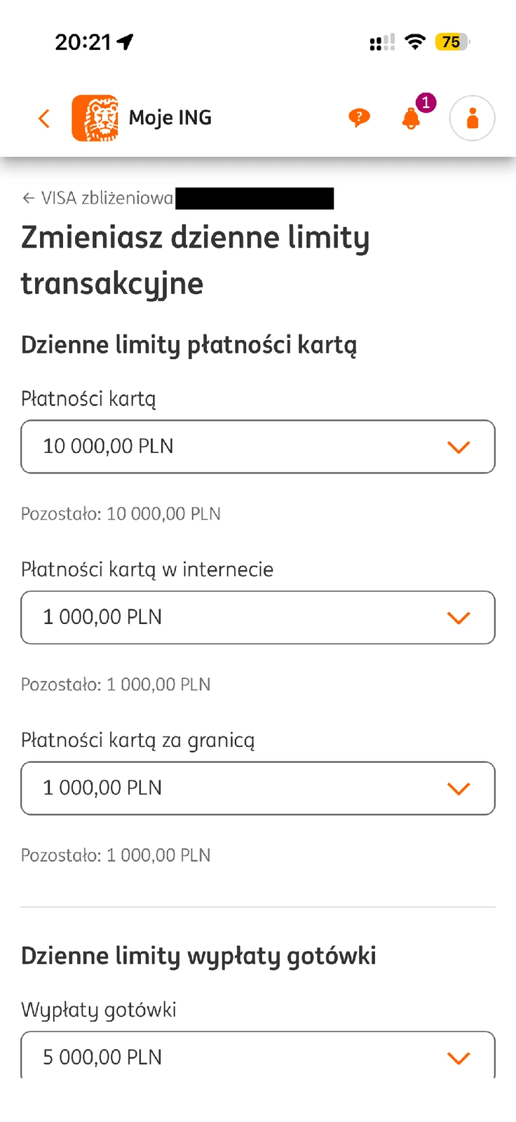 Limity płatności kartą ING z osobnymi ustawieniami internetu i zagranicy