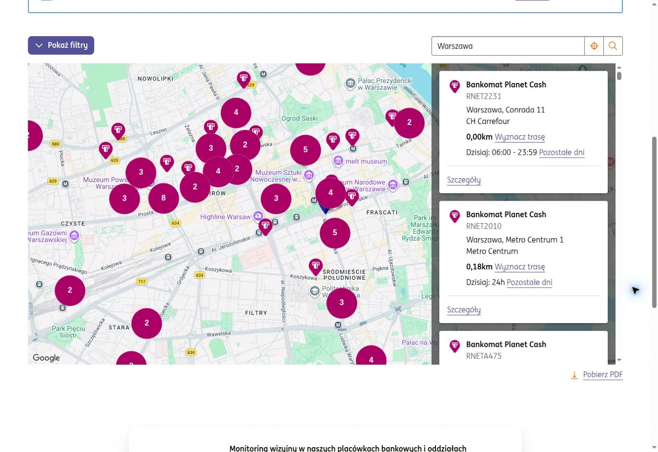 Mapa i lista bankomatów Planet Cash w wyszukiwarce ING
