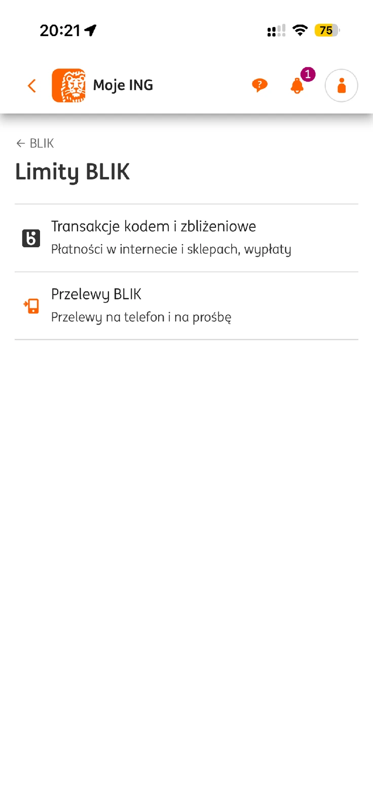 Menu limitów transakcji i przelewów BLIK w ING
