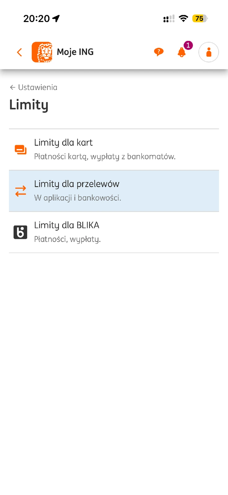 Menu limitów w Moim ING