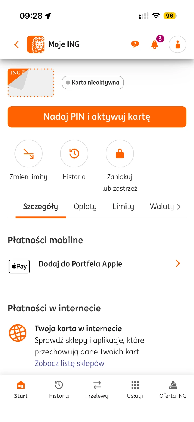 Przycisk Nadaj PIN i aktywuj kartę w szczegółach nieaktywnej karty ING