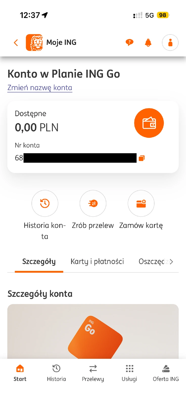 Szczegóły ING Go z krajowym numerem konta i ikoną kopiowania