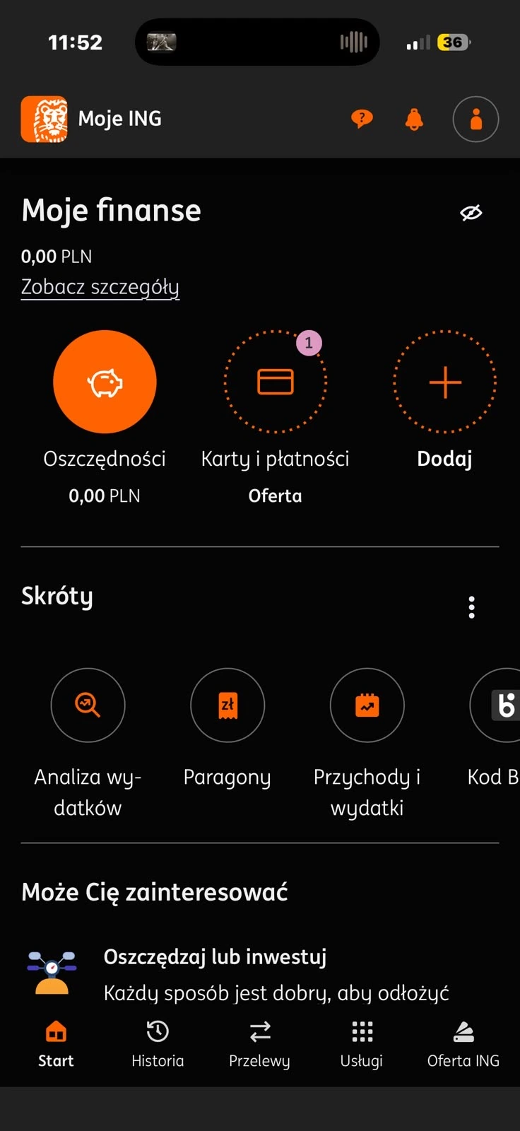 Start w Moim ING po zalogowaniu z opcją Dodaj w sekcji Moje finanse