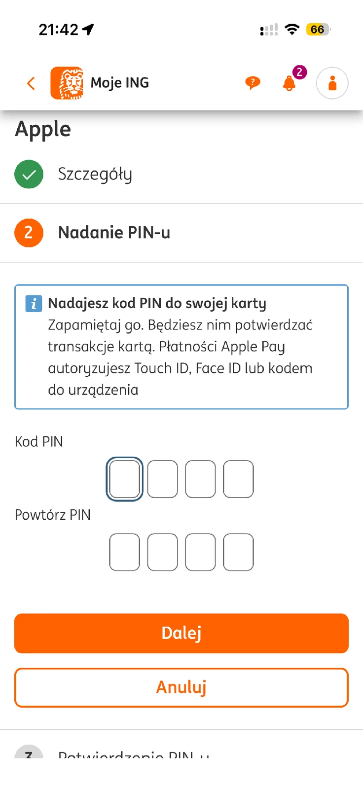 Puste pola kodu PIN do karty przy dodawaniu do Portfela Apple