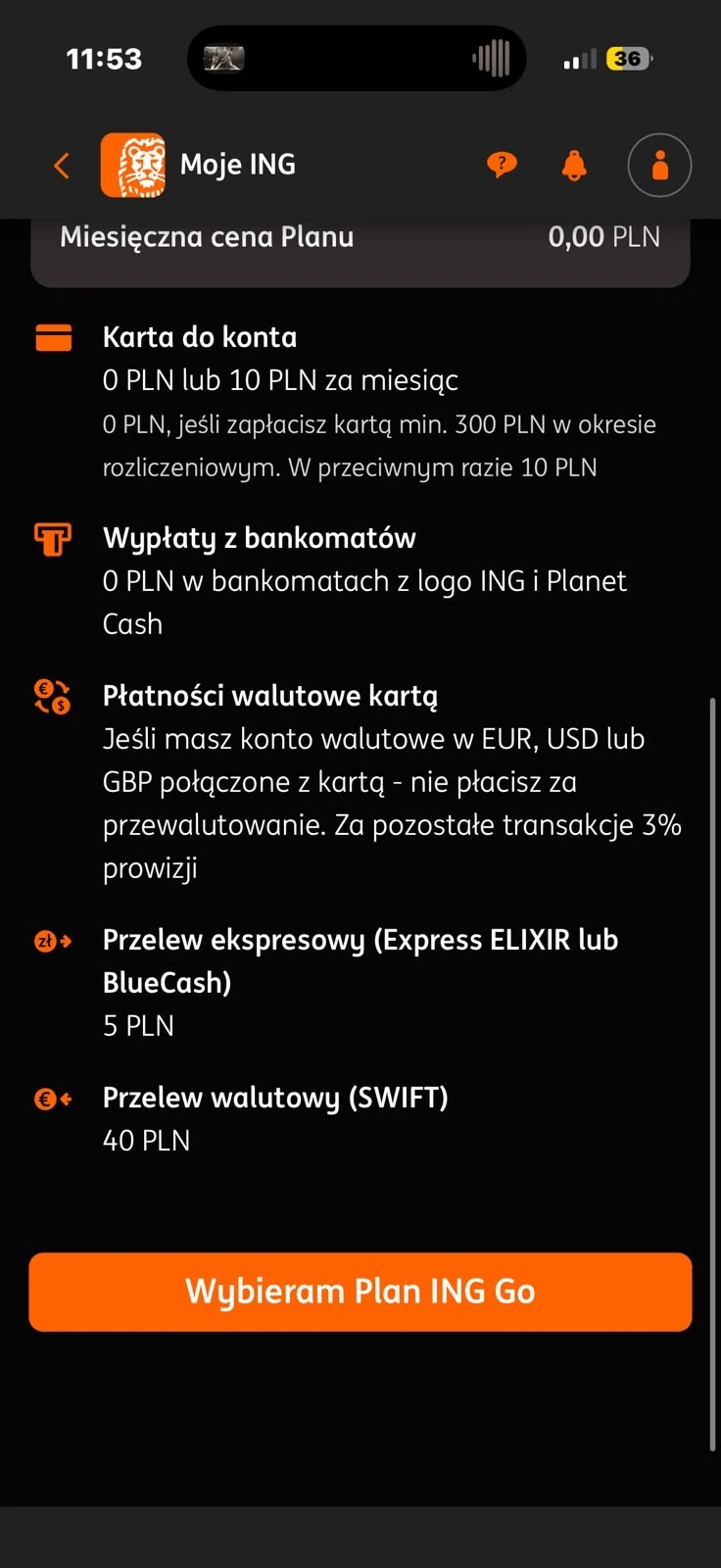 Informacja o opłatach i przycisk Wybieram Plan ING Go