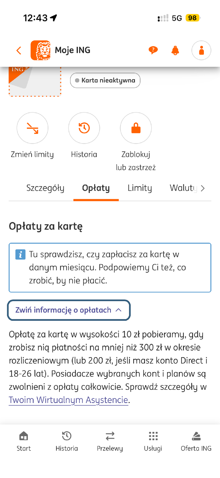 Zakładka Opłaty w Moim ING z informacją o koszcie karty i wymaganych płatnościach