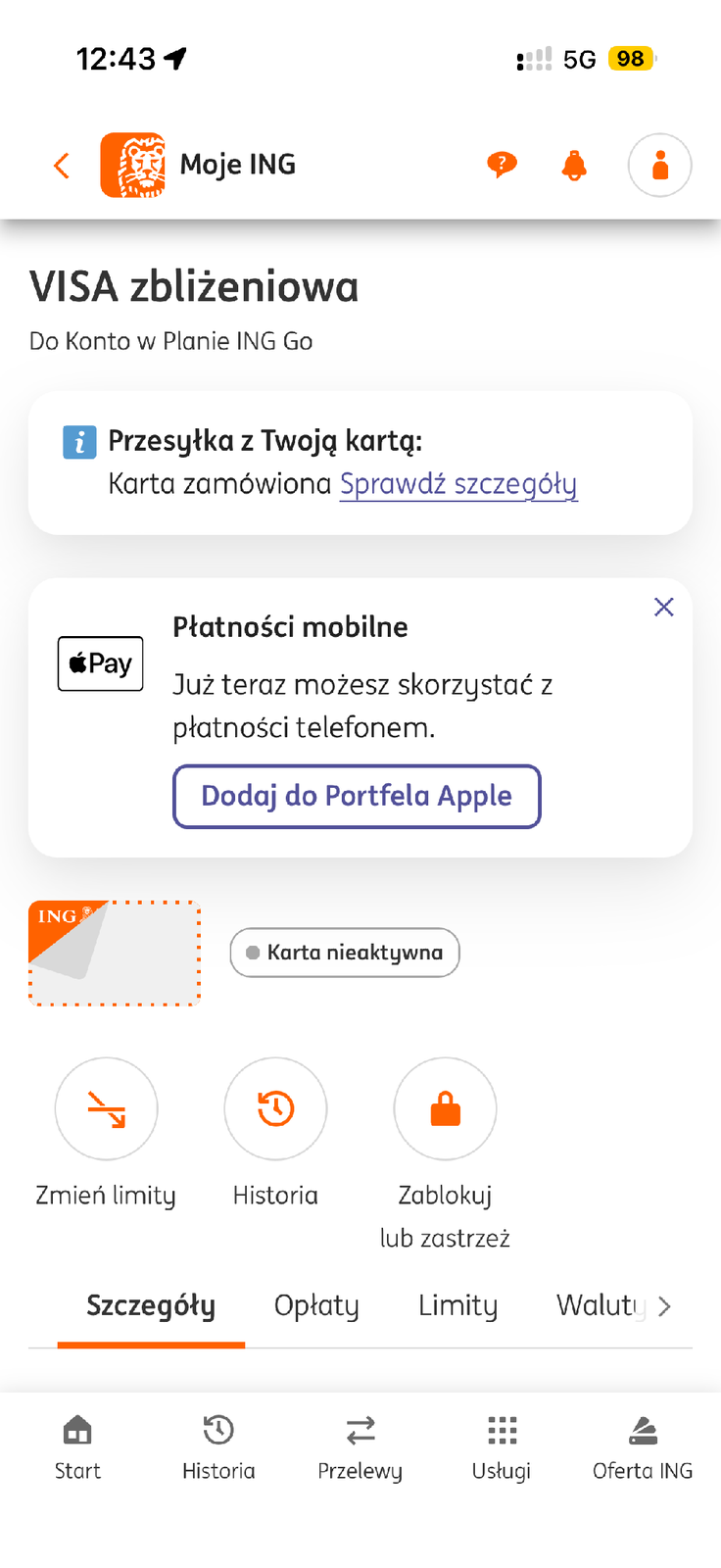 Widok karty Visa w ING Go z zakładkami Szczegóły i Opłaty
