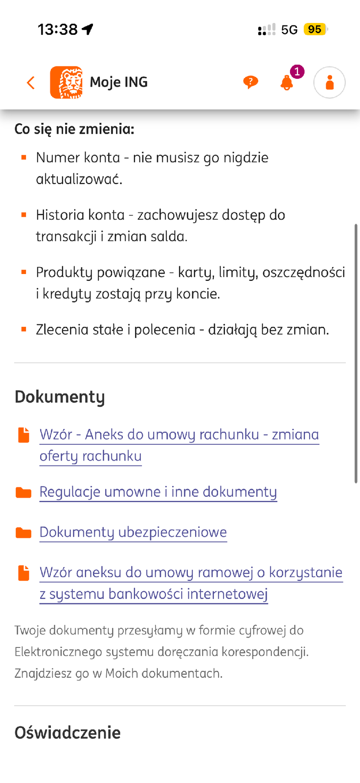 Dokumenty i elementy rachunku pozostające bez zmian przy zmianie planu ING