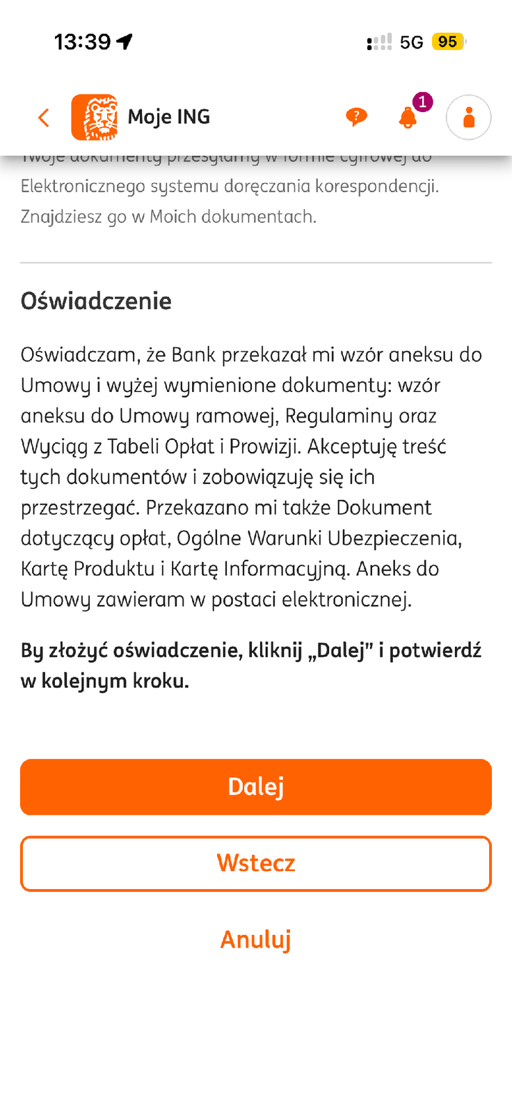 Oświadczenie przed potwierdzeniem zmiany planu ING z przyciskami Dalej i Anuluj