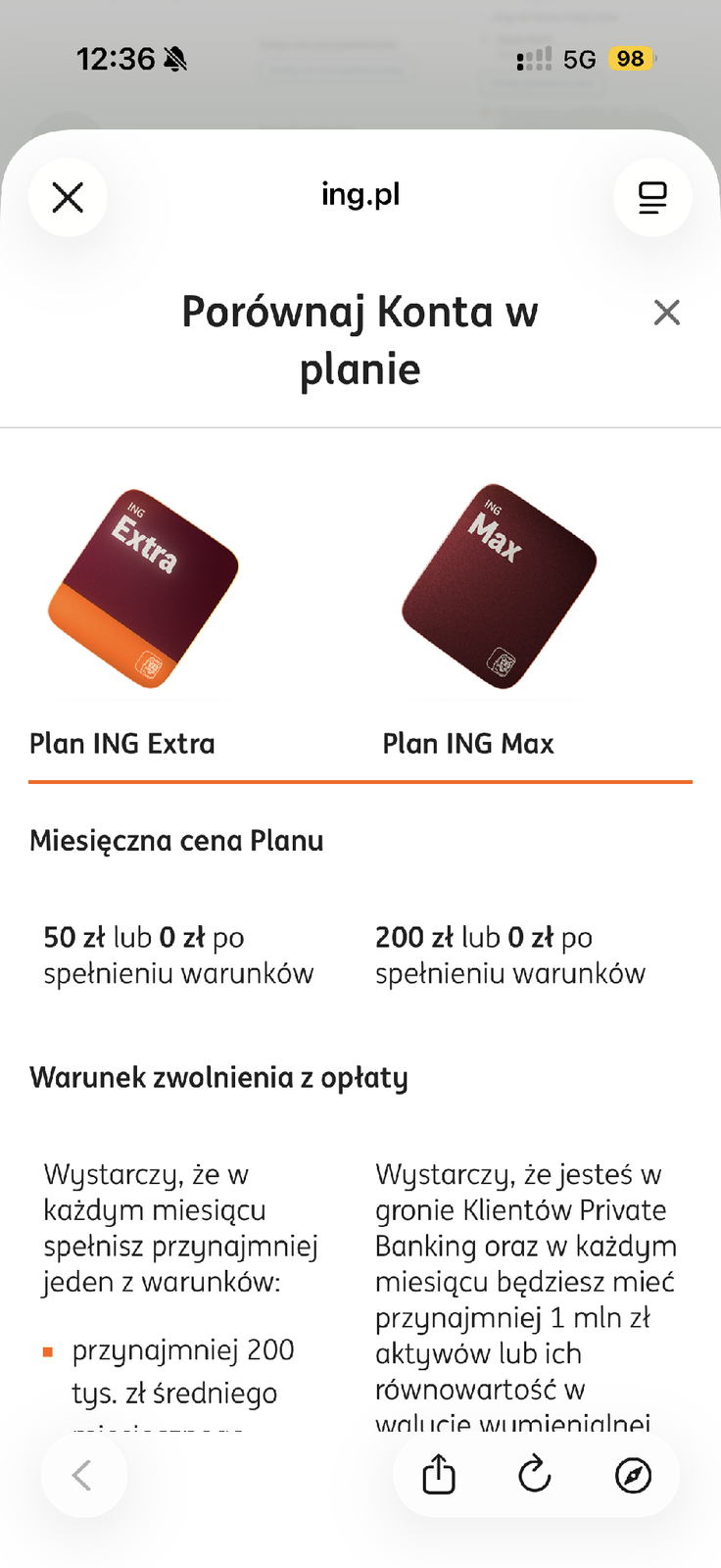 Porównanie planów ING Extra i ING Max oraz warunków zwolnienia z opłat