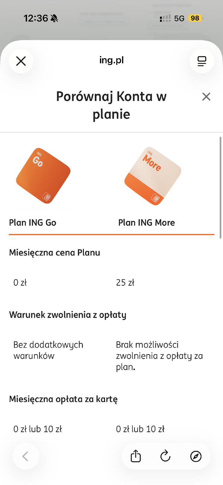 Porównanie planów ING Go i ING More na stronie banku