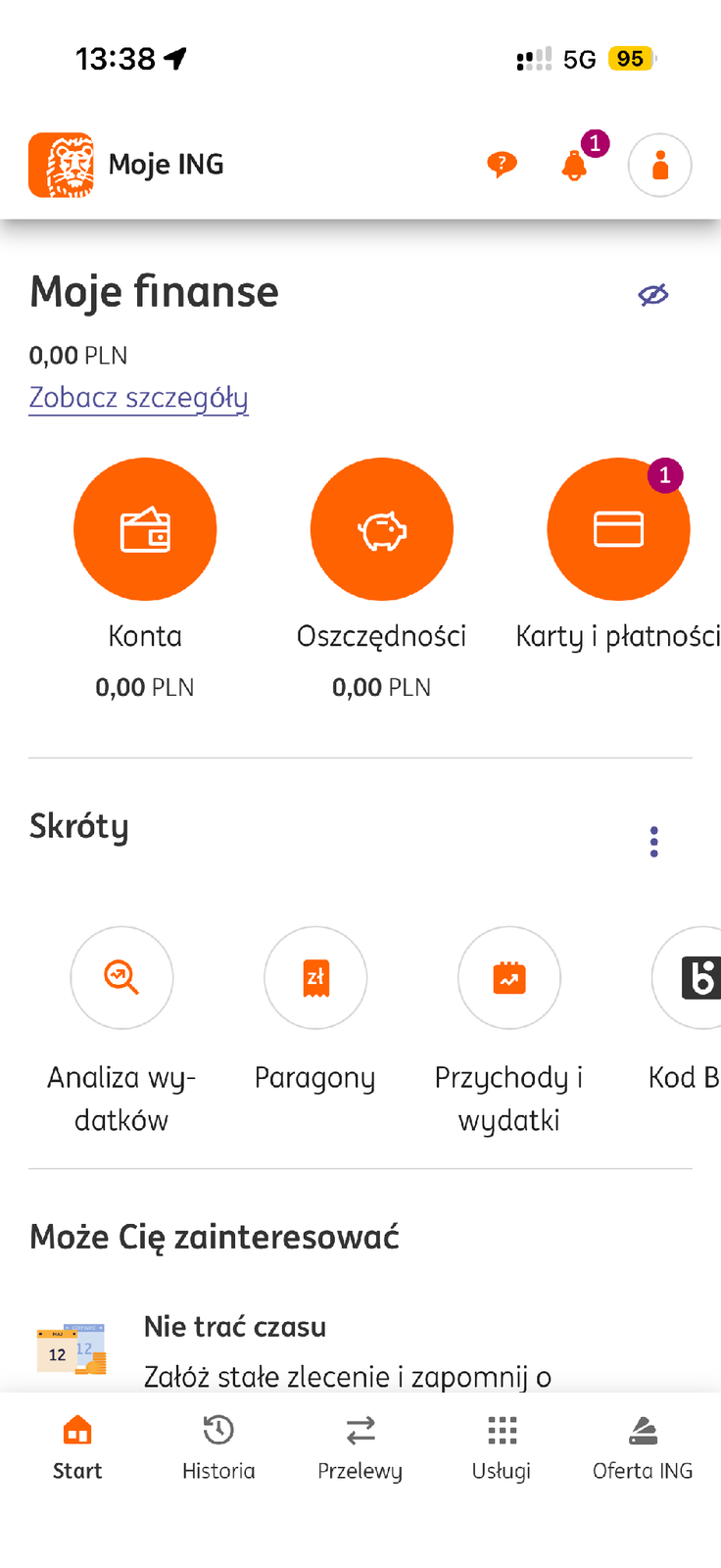 Ekran startowy Moje ING z sekcją Moje finanse i opcją Konta