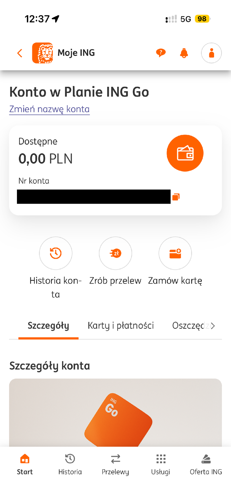 Szczegóły rachunku ING Go z zasłoniętym numerem konta
