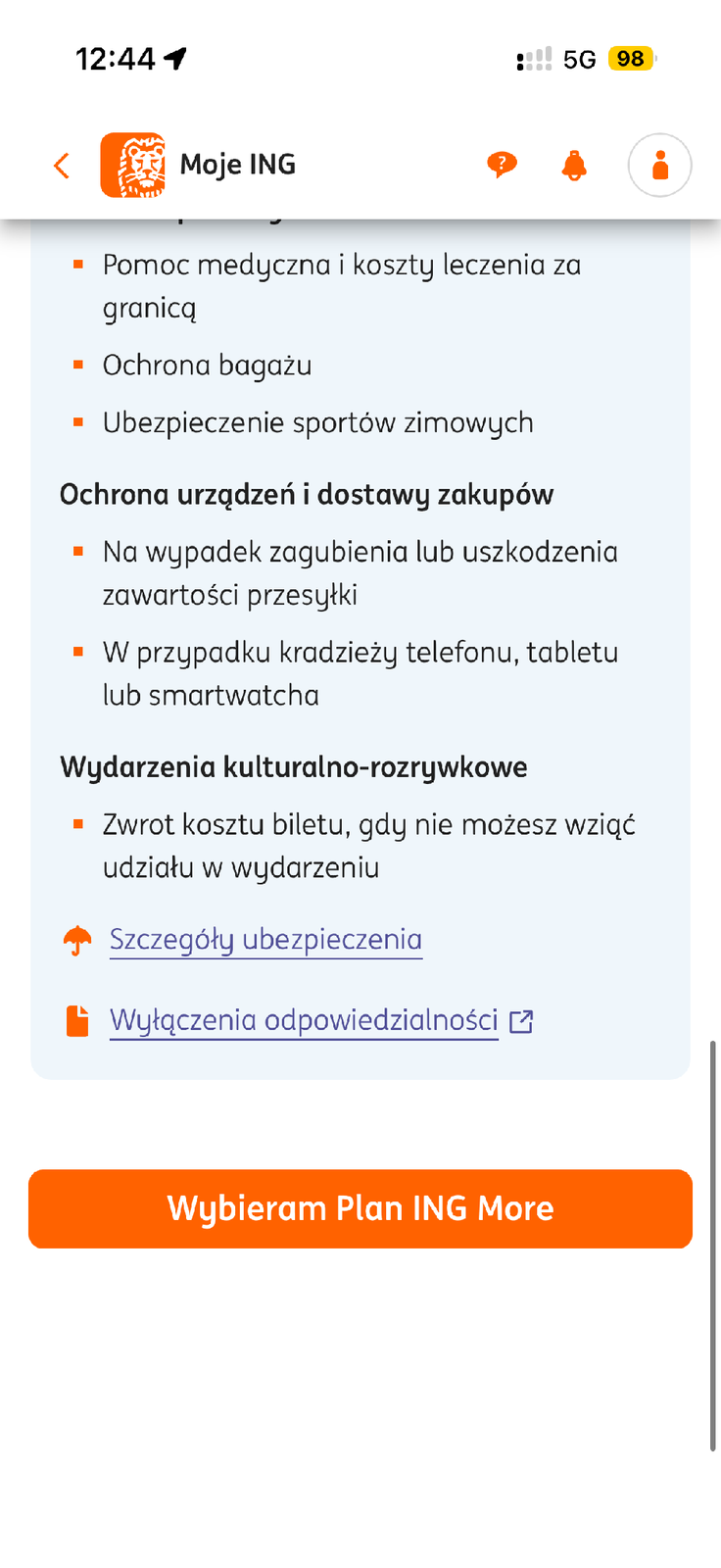 Przycisk Wybieram Plan ING More pod opisem usług
