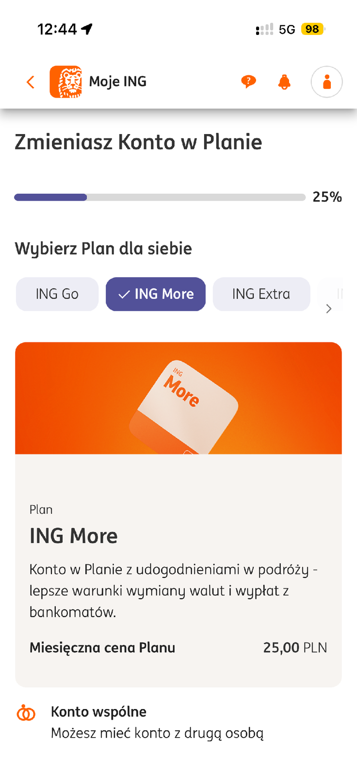 Zmiana konta w planie ING: wybór More za 25 zł miesięcznie