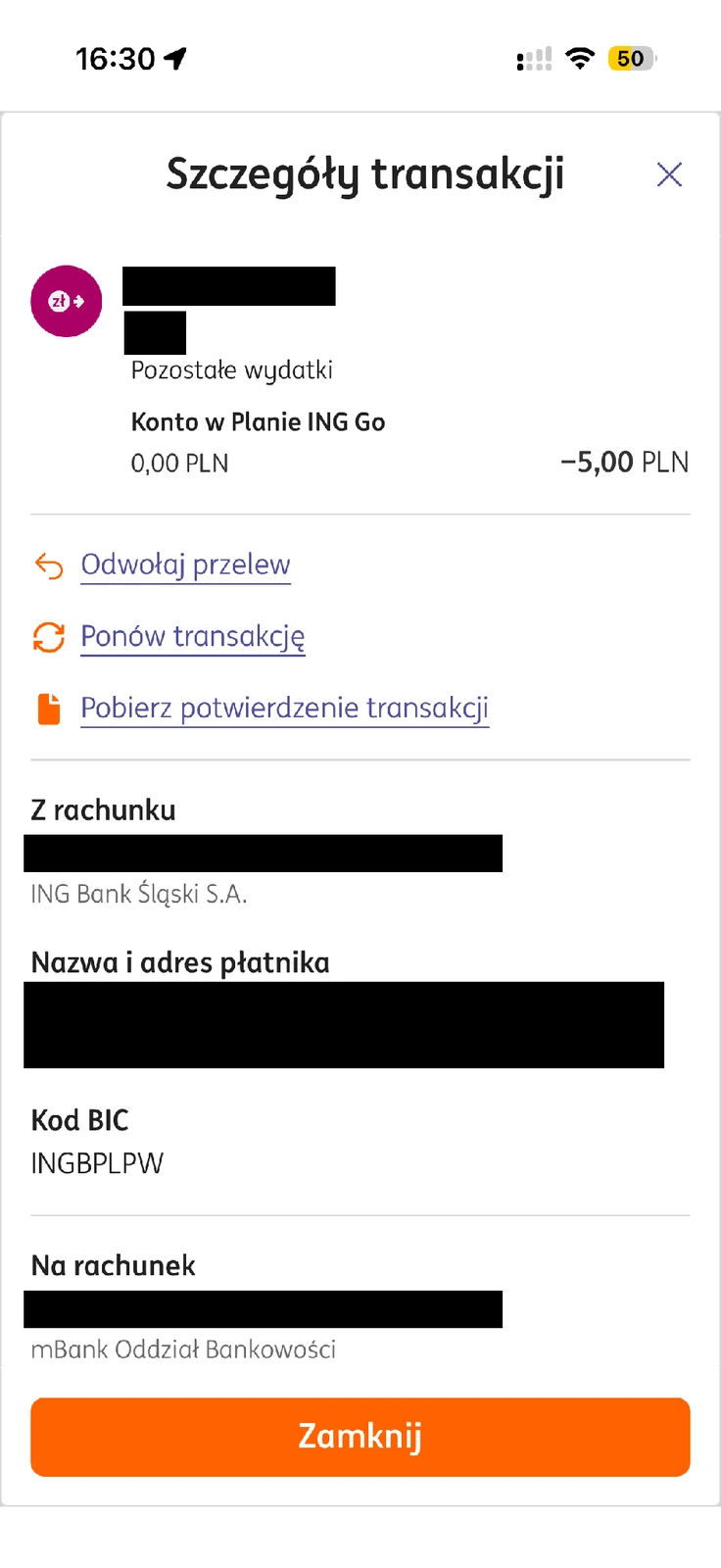Opcja Pobierz potwierdzenie transakcji w szczegółach przelewu ING