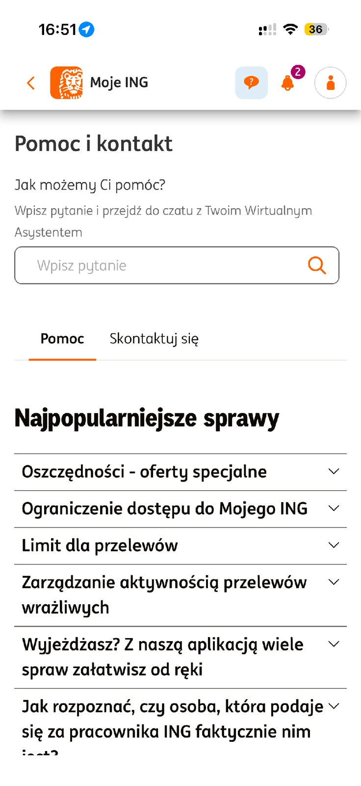 Ekran Pomoc i kontakt w Moim ING