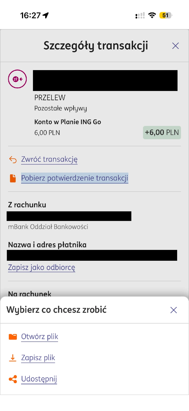 Otwórz plik, Zapisz plik i Udostępnij po pobraniu potwierdzenia ING