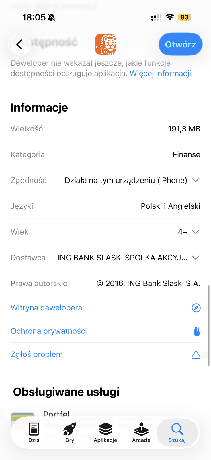 Informacje o dostawcy Moje ING w App Store
