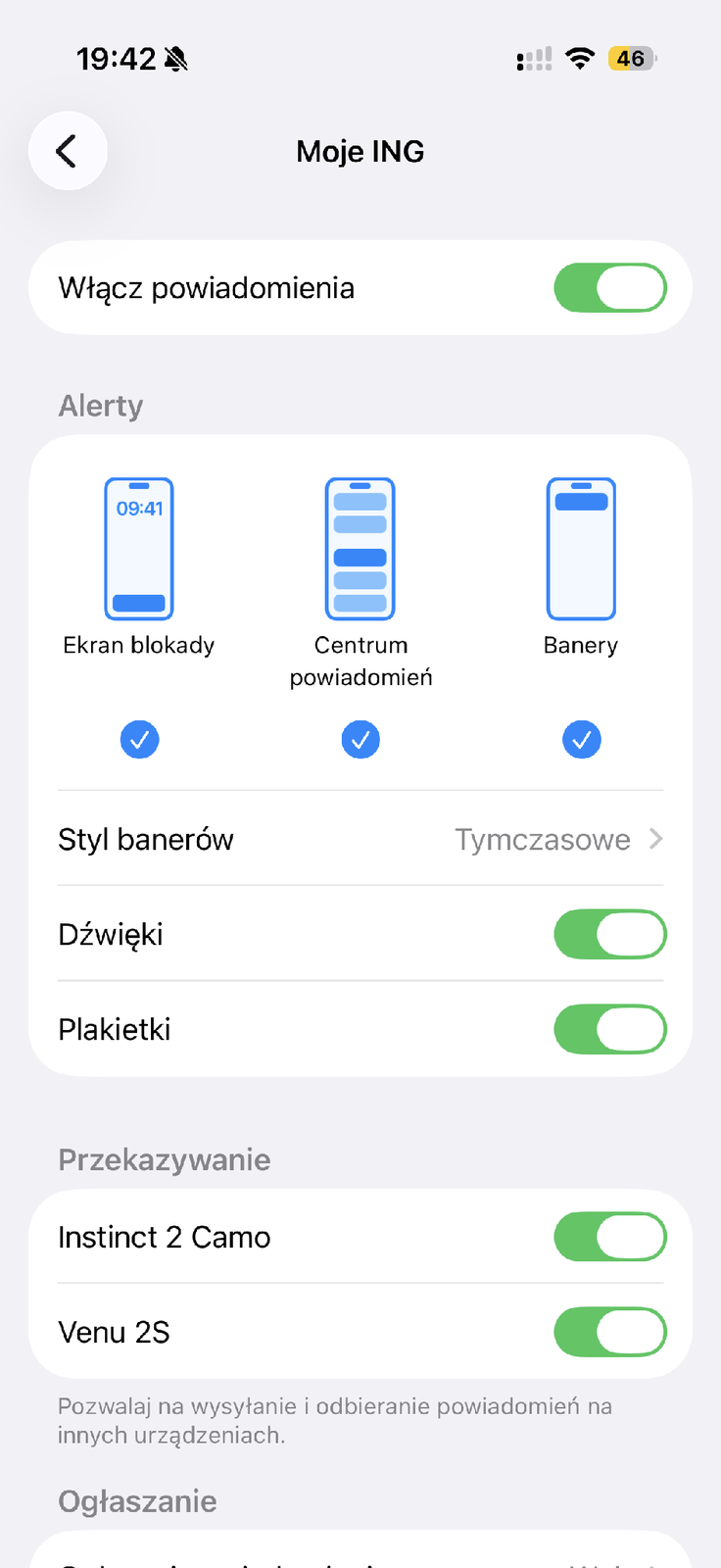 Ustawienia powiadomień Moje ING w iOS