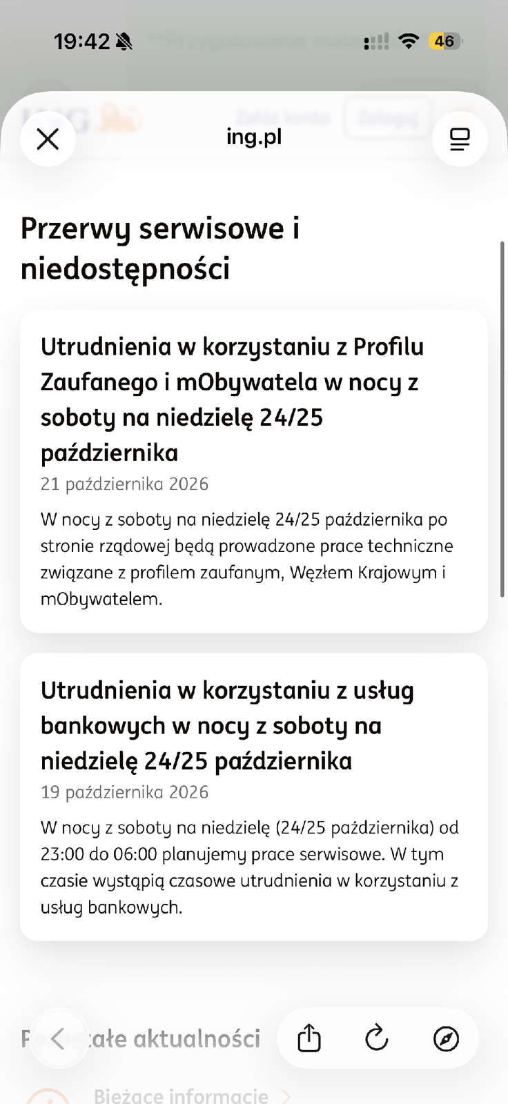 Strona ING z komunikatami o przerwach serwisowych