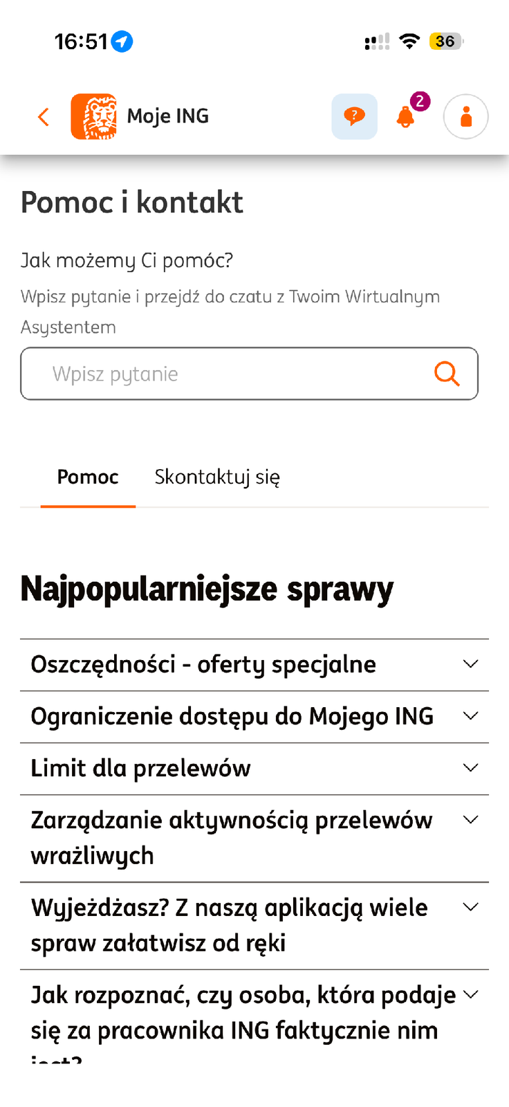 Sekcja Pomoc i kontakt w aplikacji Moje ING