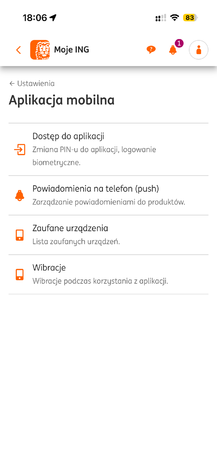Ustawienia powiadomień push w aplikacji Moje ING