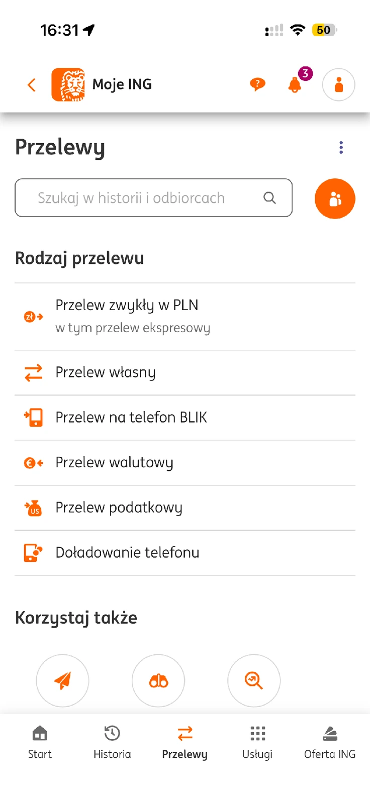 Przelew zwykły w PLN obejmujący wariant ekspresowy w Moim ING
