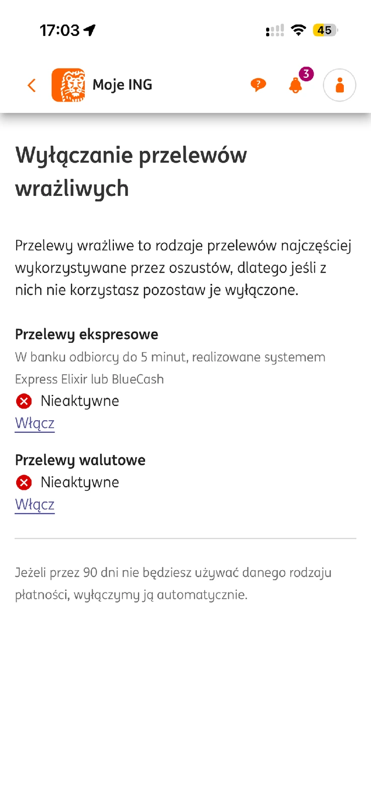 Nieaktywne przelewy ekspresowe i walutowe w ustawieniach bezpieczeństwa ING