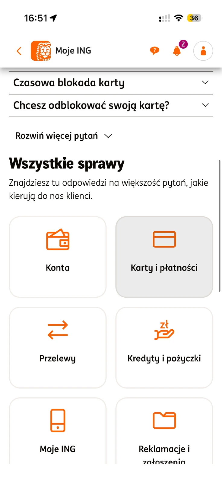 Kategoria reklamacji i zgłoszeń w Moim ING