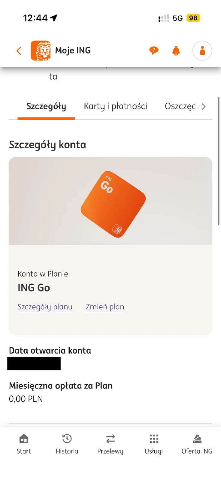 Nazwa ING Go w szczegółach rachunku