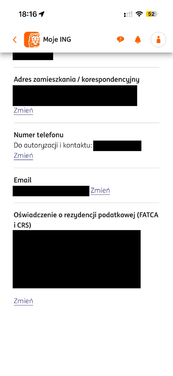 Dane kontaktowe ING z telefonem do autoryzacji i kontaktu oraz oddzielnym adresem e-mail
