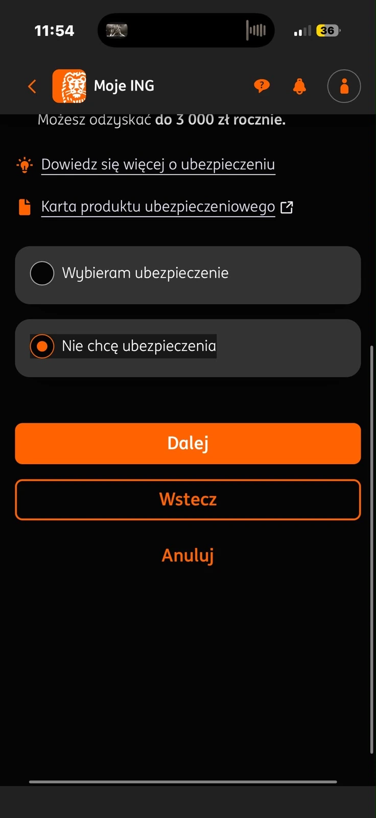 Zaznaczona rezygnacja z dodatkowego ubezpieczenia we wniosku ING