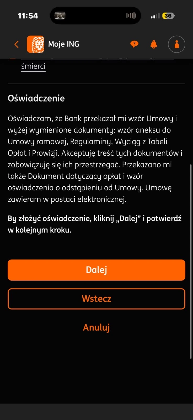 Oświadczenie dotyczące dokumentów przed potwierdzeniem umowy w ING