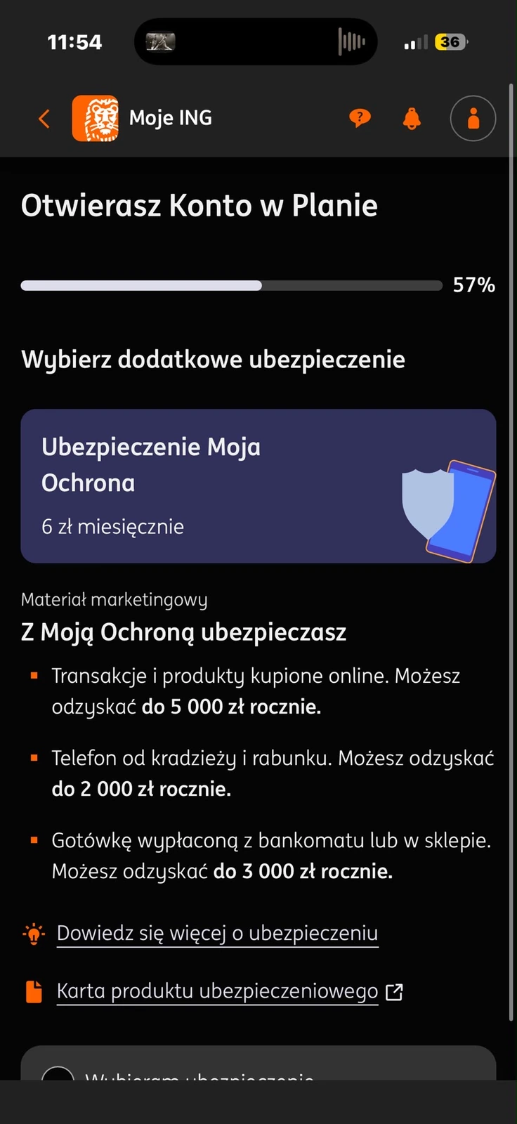 Dodatkowe ubezpieczenie Moja Ochrona prezentowane przy otwieraniu konta ING