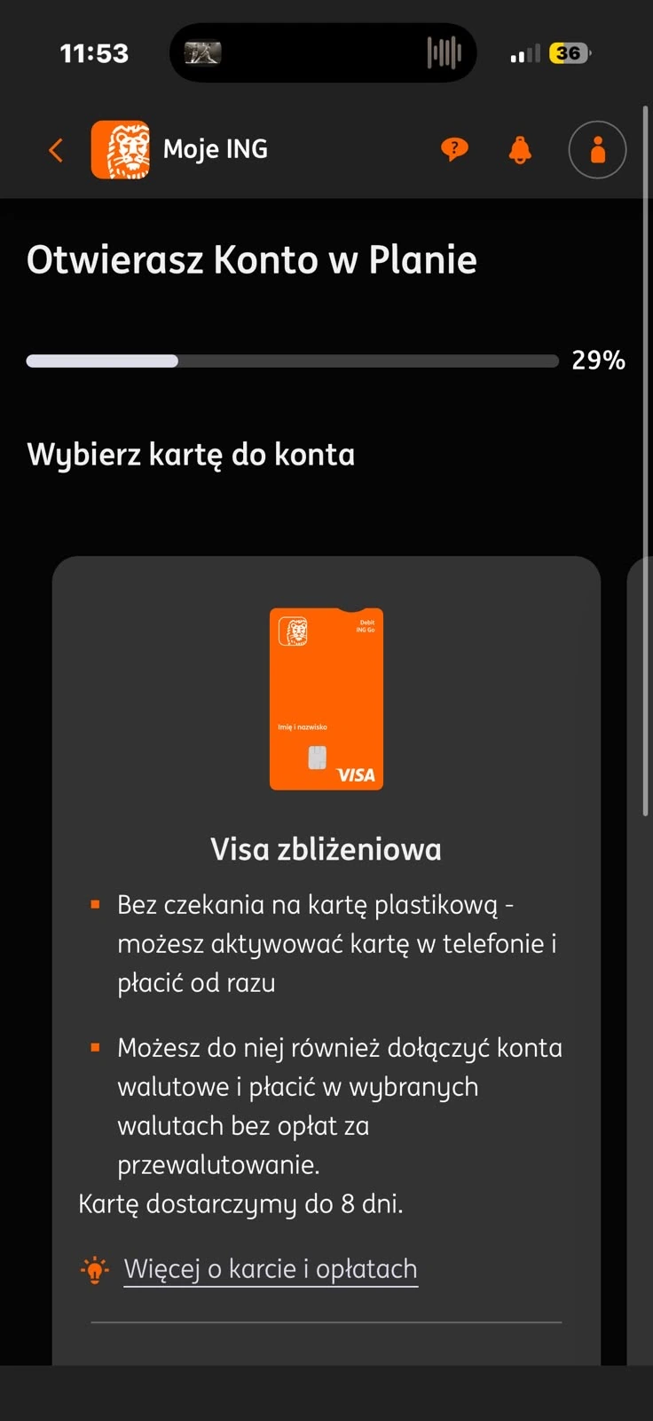 Wariant karty Visa zbliżeniowej we wniosku o konto ING