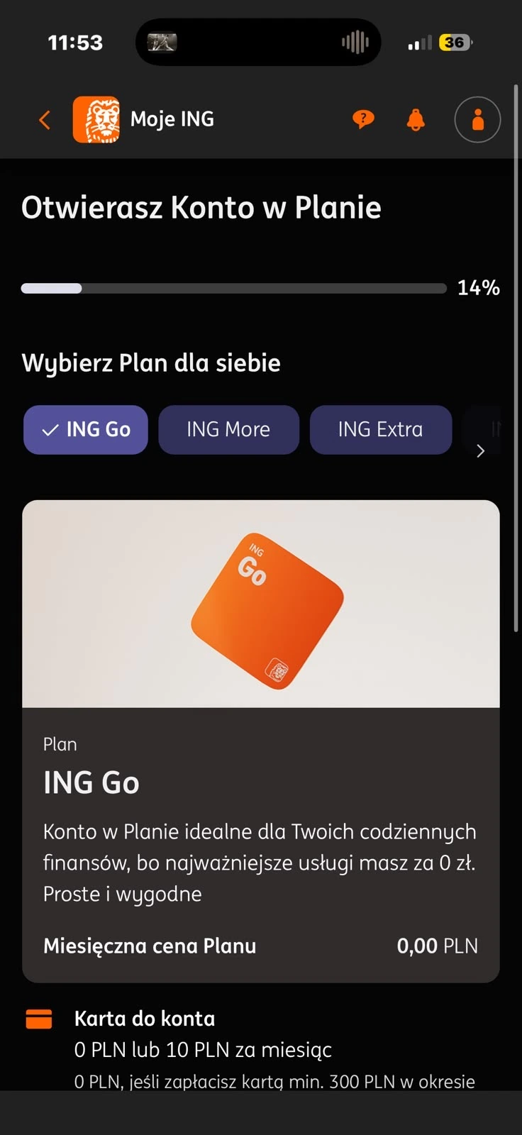 Wybór planu ING Go we wniosku o konto osobiste