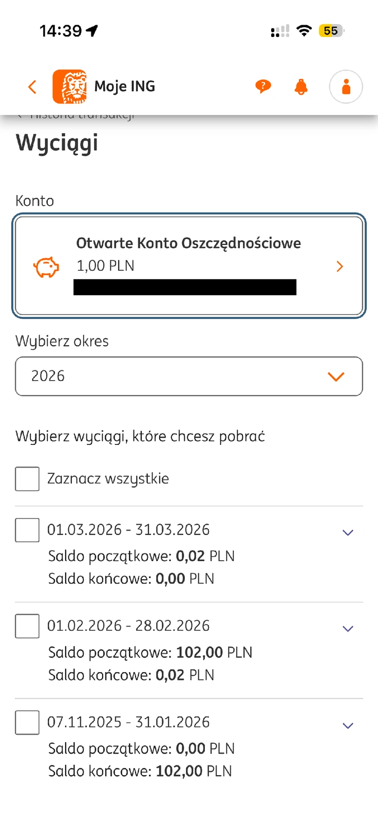 Lista wyciągów OKO w aplikacji Moje ING