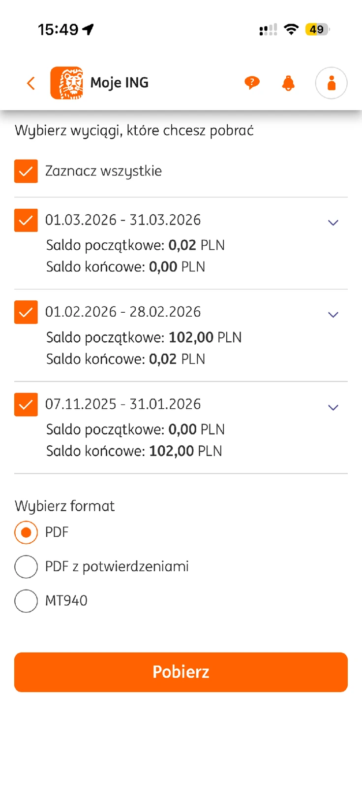 Wybór PDF, PDF z potwierdzeniami lub MT940 dla wyciągów ING