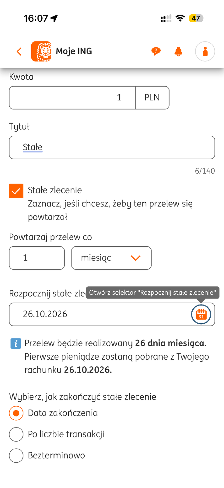 Opcja Stałe zlecenie w ING z częstotliwością i sposobami zakończenia