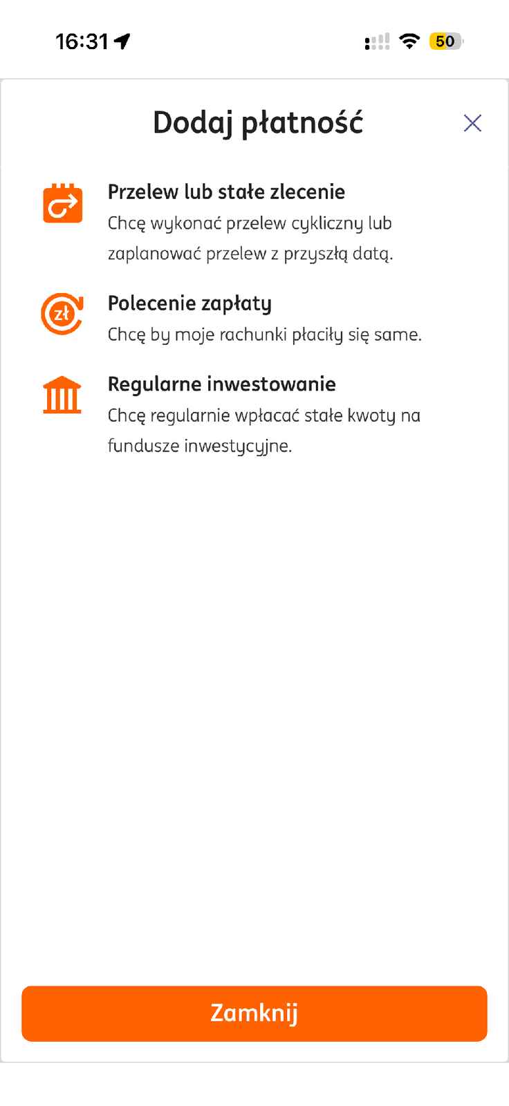 Menu Dodaj płatność z opcją Polecenie zapłaty w ING