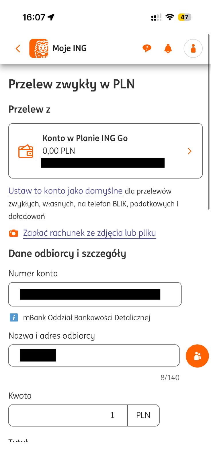 Początek formularza przelewu zwykłego w PLN w Moim ING