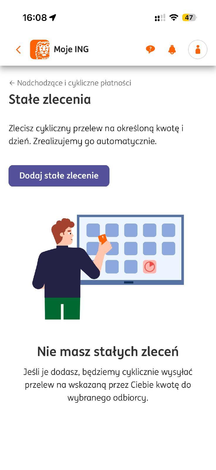 Pusta lista stałych zleceń w Moim ING