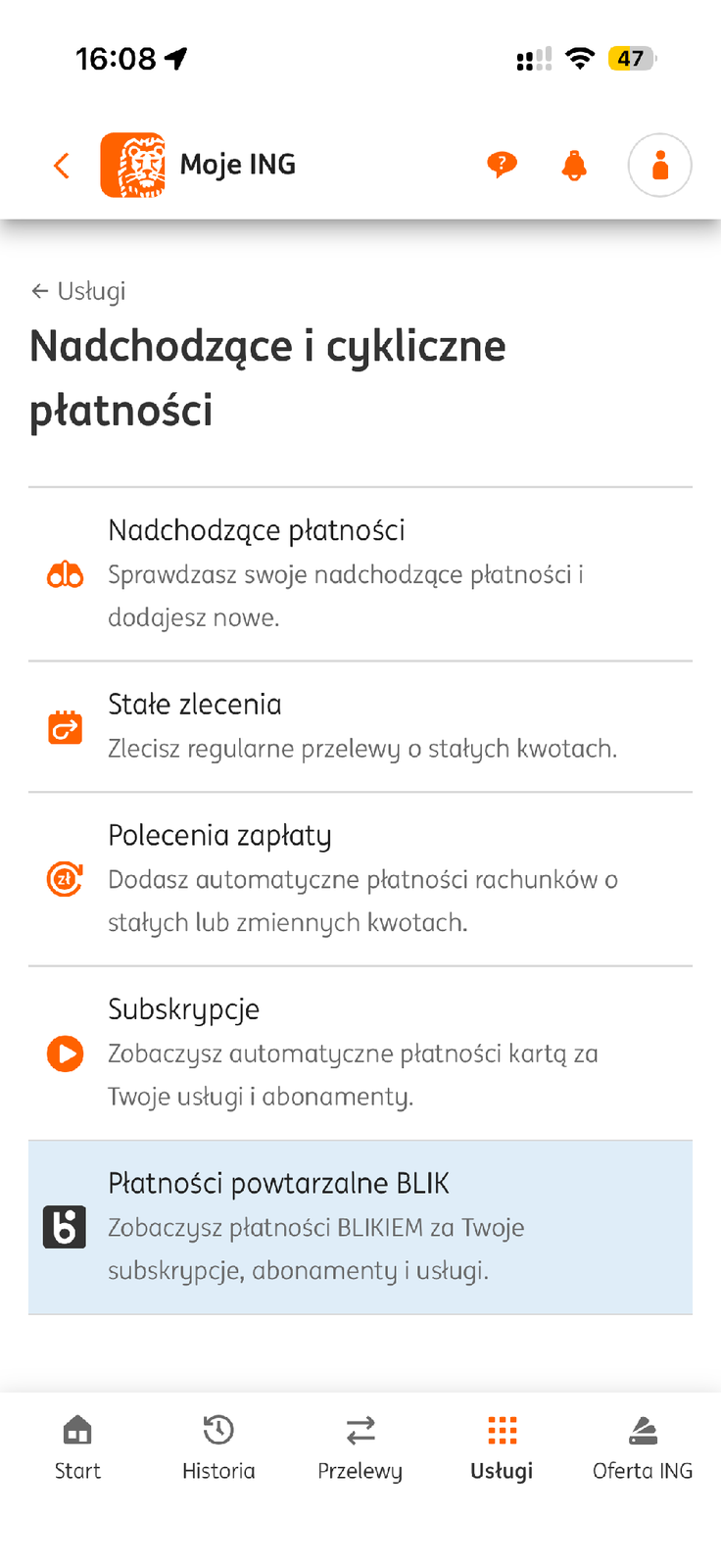 Menu Nadchodzące i cykliczne płatności w ING