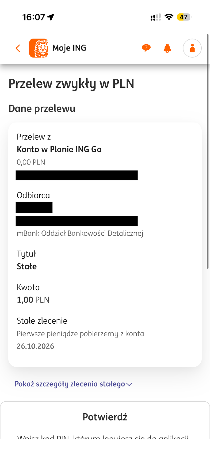 Podsumowanie zlecenia stałego w ING przed zatwierdzeniem