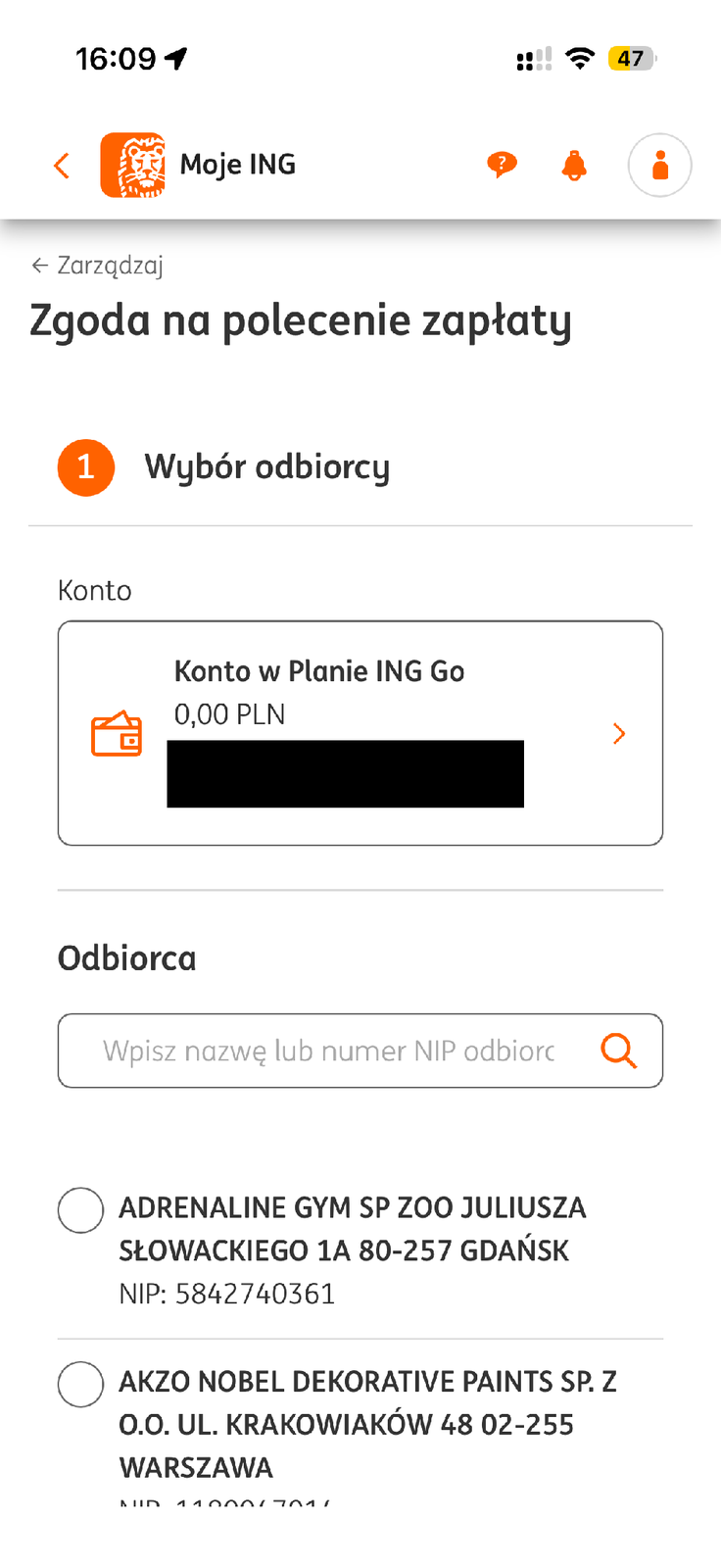 Wyszukiwarka odbiorcy polecenia zapłaty w ING według nazwy lub NIP