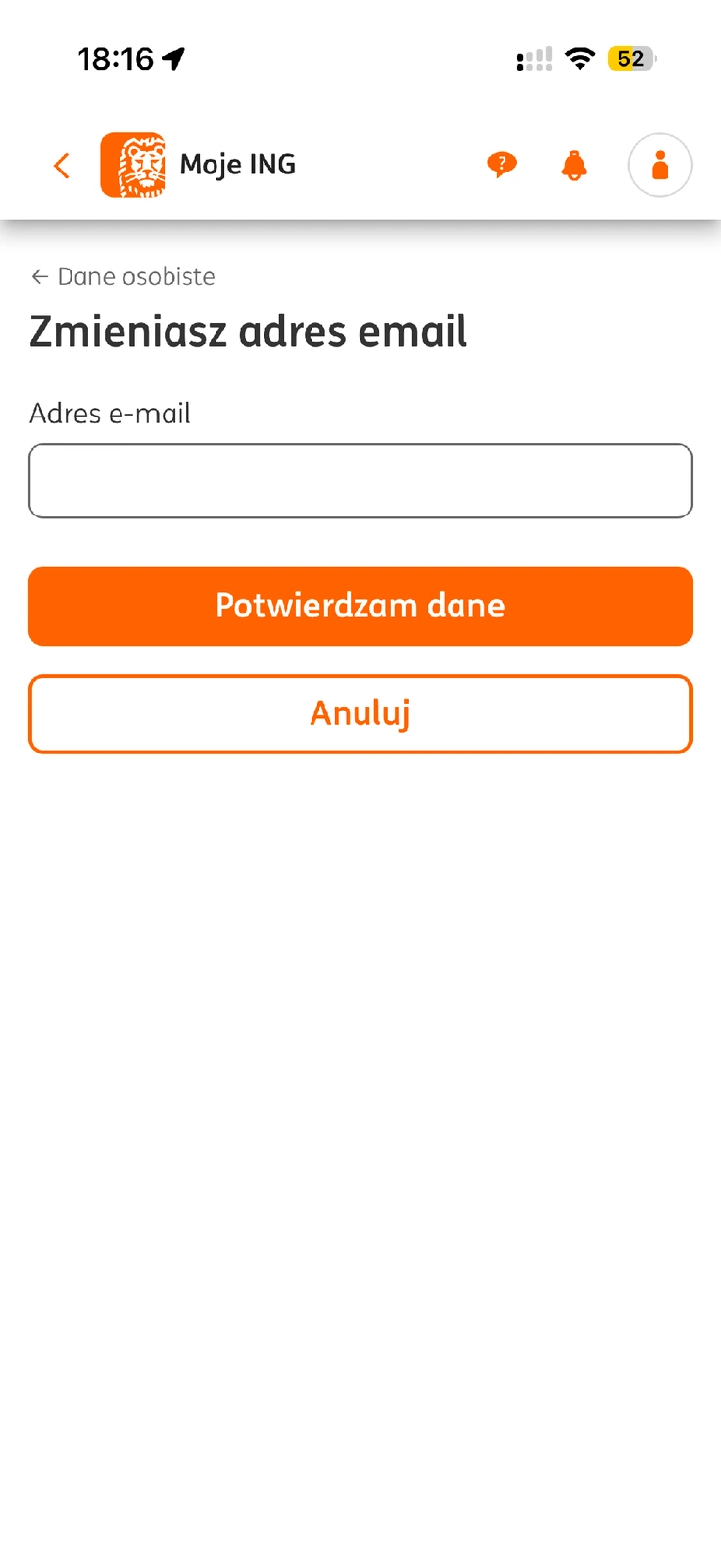 Formularz zmiany adresu e-mail w Moim ING przed potwierdzeniem danych