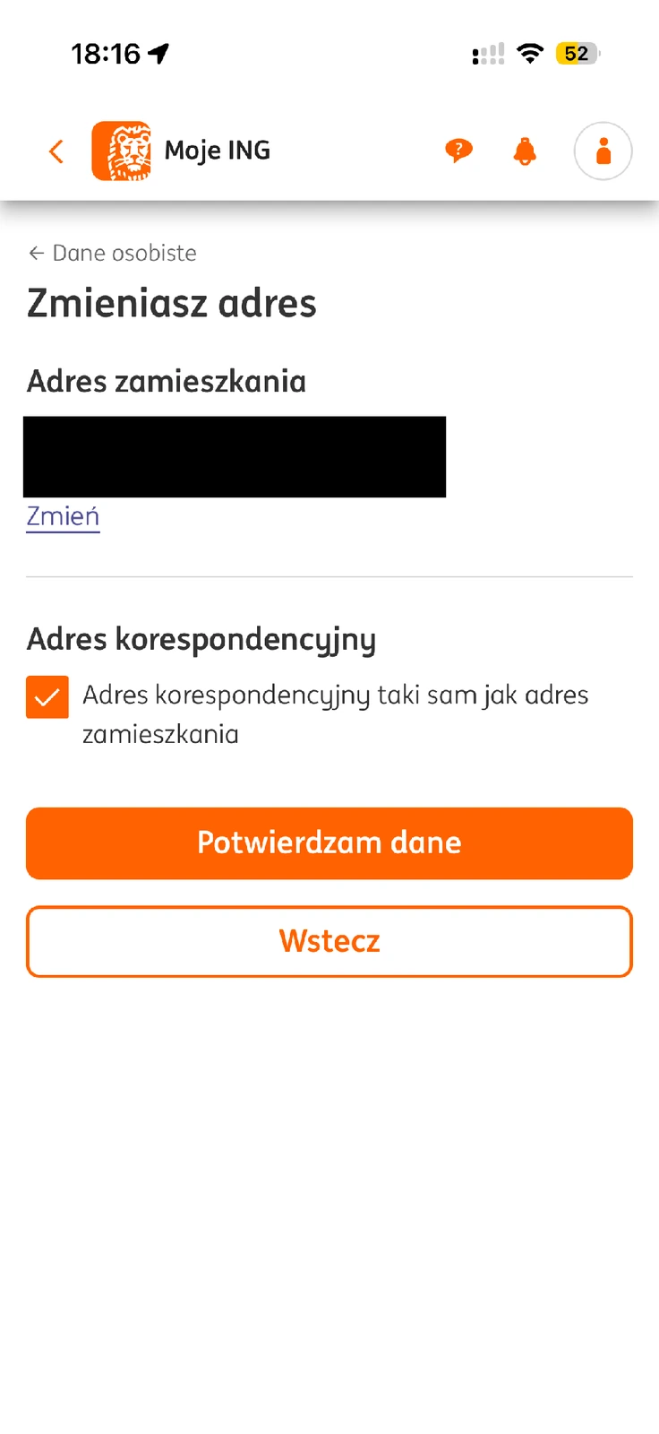 Edycja adresu w ING z zaznaczeniem wspólnego adresu zamieszkania i korespondencji