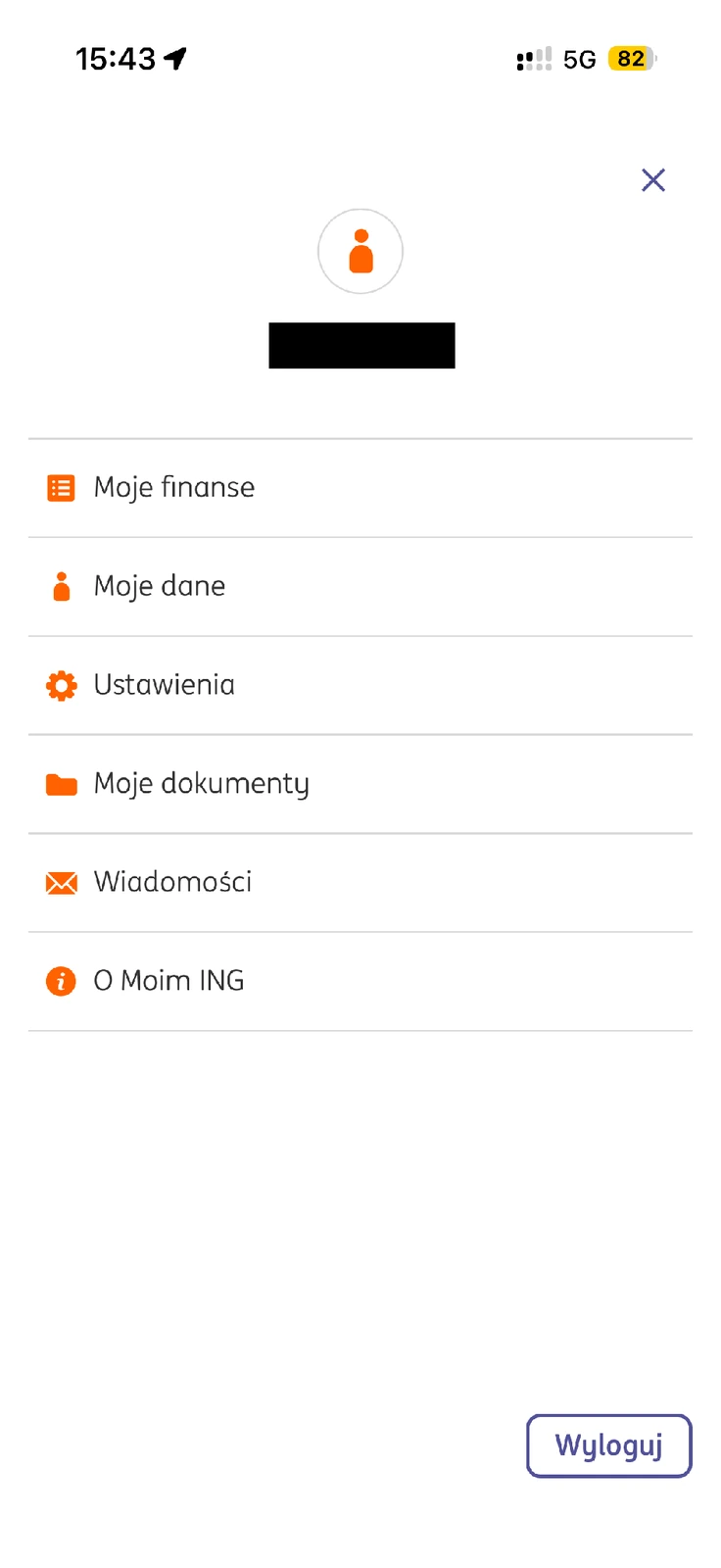 Menu profilu w Moim ING z sekcją Moje dane i ustawieniami